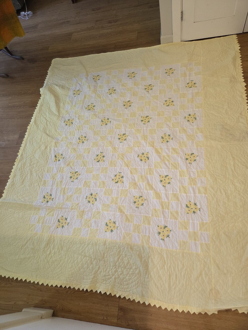 Vintage Hand-Embroidered "Flower Basket" King Quilt (100x87"), Hand-Quilted 1940